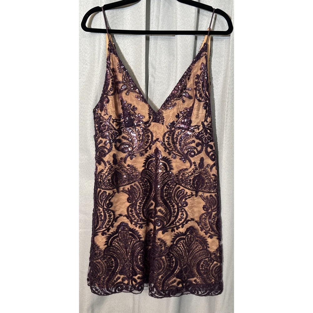 Free People Night Shimmers Sequin Mini Dress Size 12 Purple Amethyst Nude V-Neck